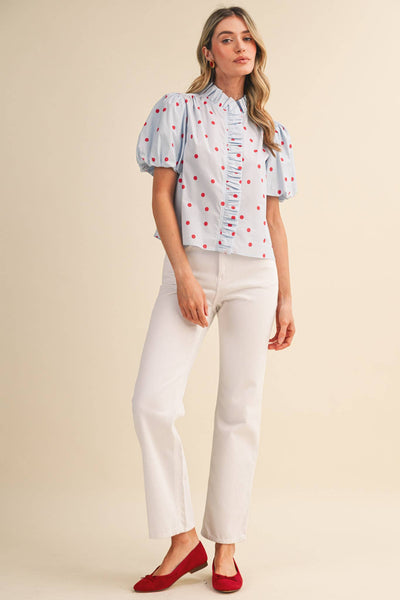 POLKA DOT RUFFLED BUTTON DOWN TOP MTP5101