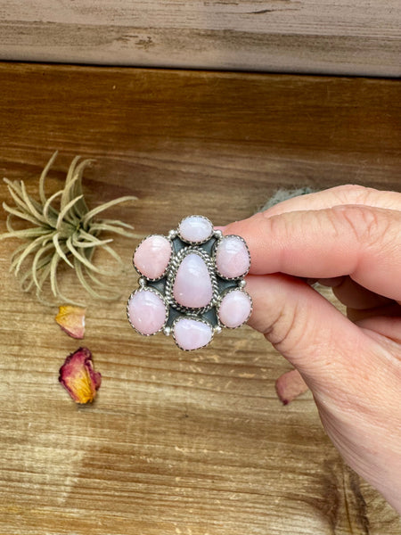 Pink Opal and Sterling Silver Cluster Ring- Adjustable