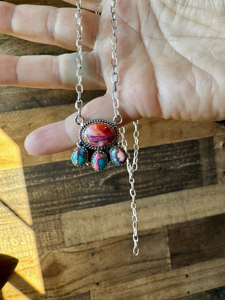 Pink Dahlia and Sterling Silver Cluster Necklace
