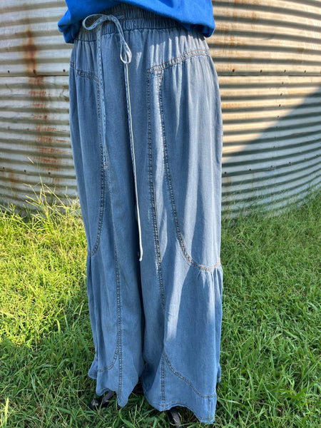 MINERAL WASHED WESTERN WIDE LEG PALAZZO CHAMBRAY PANTS