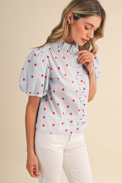 POLKA DOT RUFFLED BUTTON DOWN TOP MTP5101