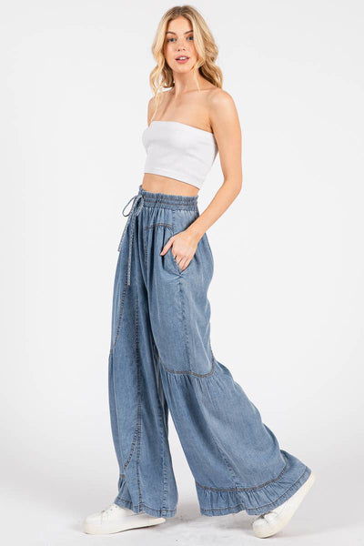 MINERAL WASHED WESTERN WIDE LEG PALAZZO CHAMBRAY PANTS