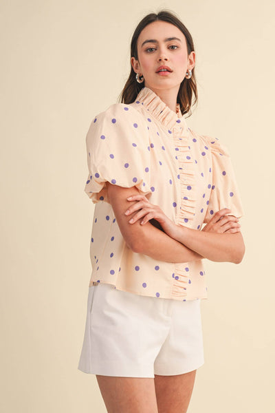 POLKA DOT RUFFLED BUTTON DOWN TOP MTP5101