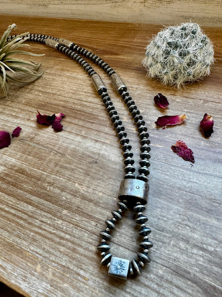 Sterling Silver "Navajo Style" Pearls + Barrel Beads - 28"