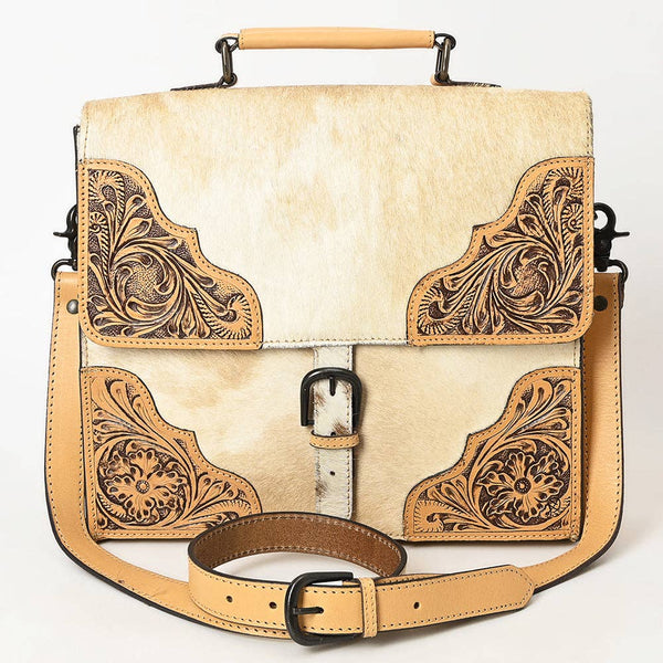 ADBGZ827 Cowhide & Hand-Tooled Leather Western Briefcase Bag - Natural Hair-On with Floral Accents