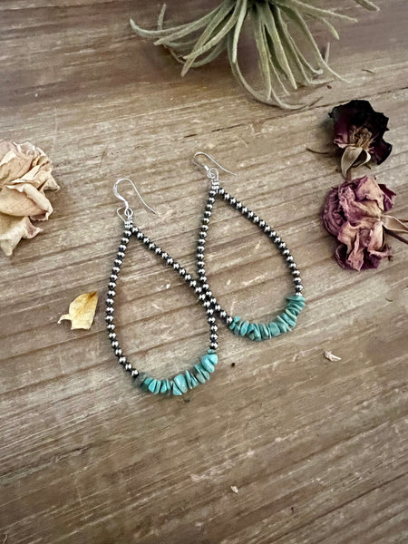 Turquoise Chips and 3mm Sterling Silver Pearls Teardrop Earrings