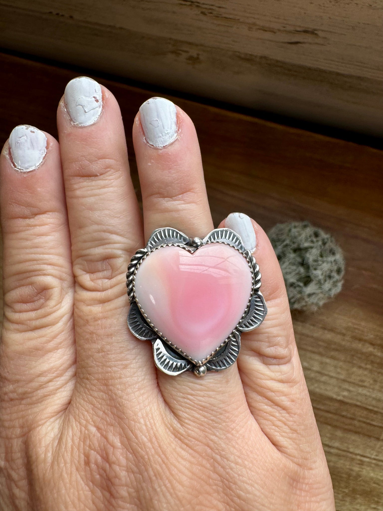 Pink Conch Heart Ring -Adjustable