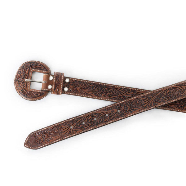 Tooled Leather Belt- Brown
