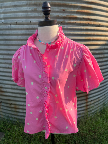 POLKA DOT RUFFLED BUTTON DOWN TOP