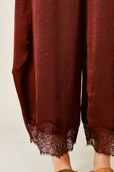 AJP6612 LACE TRIM SATIN DRAWSTRING BARREL PANTS