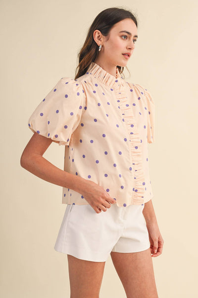 POLKA DOT RUFFLED BUTTON DOWN TOP MTP5101