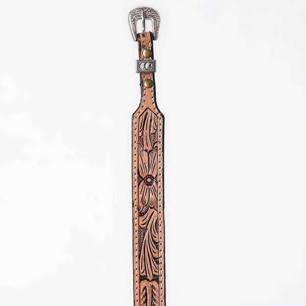 ADHTBR112 Natural Tooled Leather Western Hatband with Floral Design & Silver Buckle Set