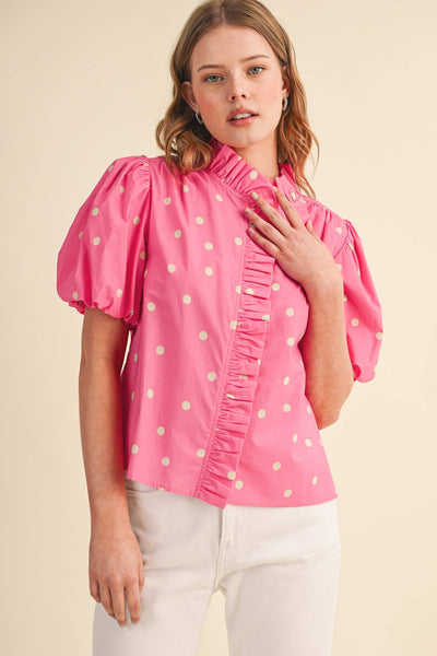 POLKA DOT RUFFLED BUTTON DOWN TOP MTP5101