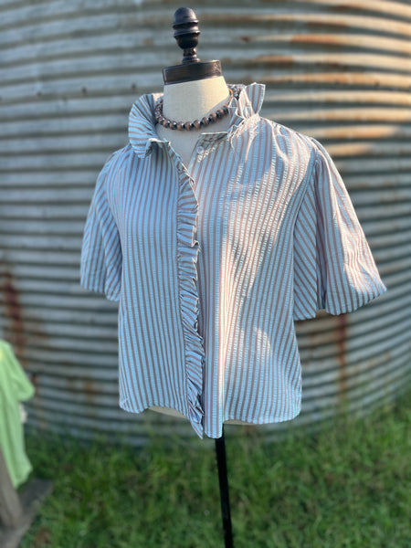 The Kenz Striped Ruffled Button Down Top