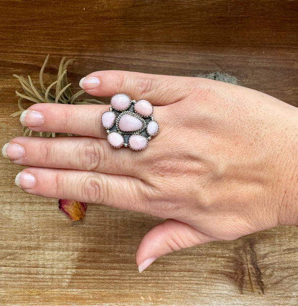 Pink Opal and Sterling Silver Cluster Ring- Adjustable