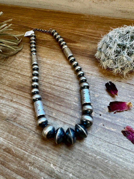 Sterling Silver "Navajo Style" Pearls + Barrel Style - 16"