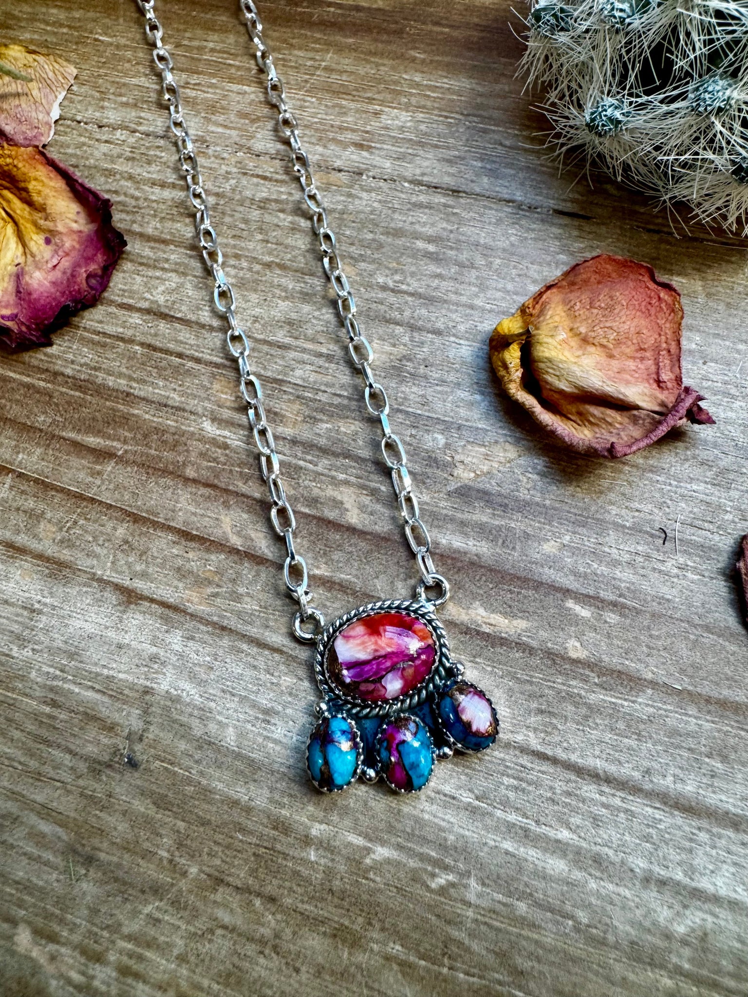 Pink Dahlia and Sterling Silver Cluster Necklace