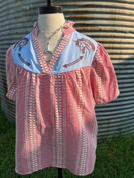Western Pony Embroidered Yoke Puff Sleeve Gingham Blouse
