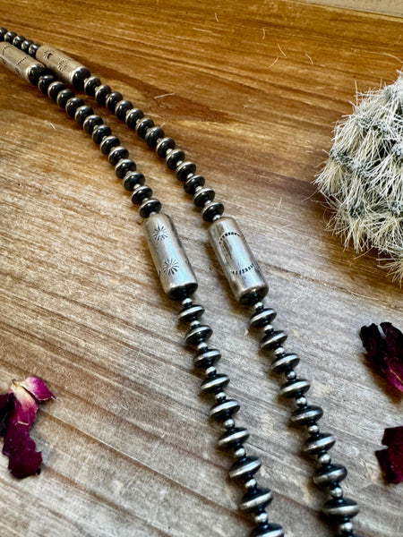 Sterling Silver "Navajo Style" Pearls + Barrel Beads - 28"