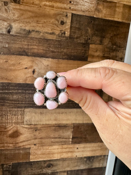 Pink Opal and Sterling Silver Cluster Ring- Adjustable
