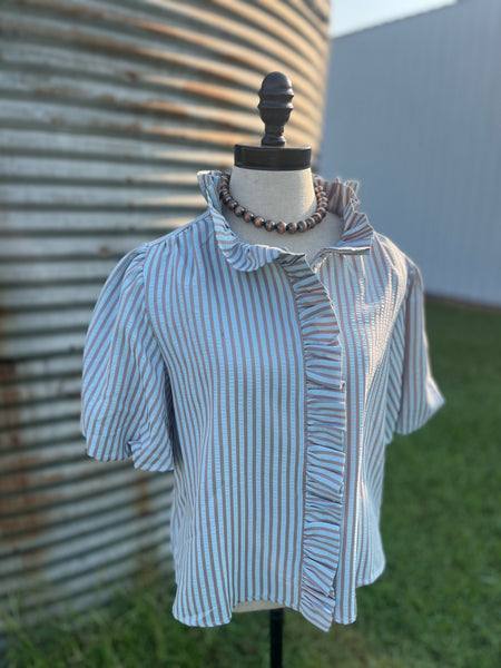 The Kenz Striped Ruffled Button Down Top