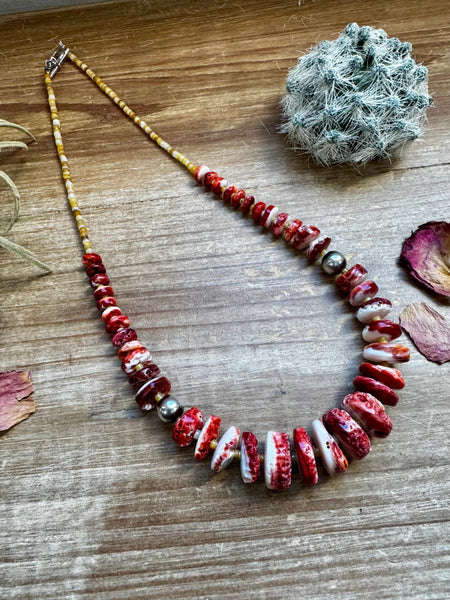 Orange Spiny Oyster and Pearl Necklace-22"