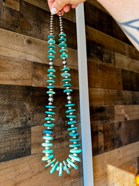 Graduated Turquoise and Sterling Silver Pearl Necklace-26 inch