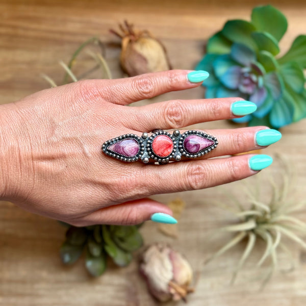 MJ Ring Three-Stone Purple & Red Spiny Oyster Sterling Silver