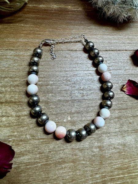 8mm Sterling Silver "Navajo Style" Pearl and Pink Conch Bracelet