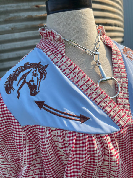 Western Pony Embroidered Yoke Puff Sleeve Gingham Blouse