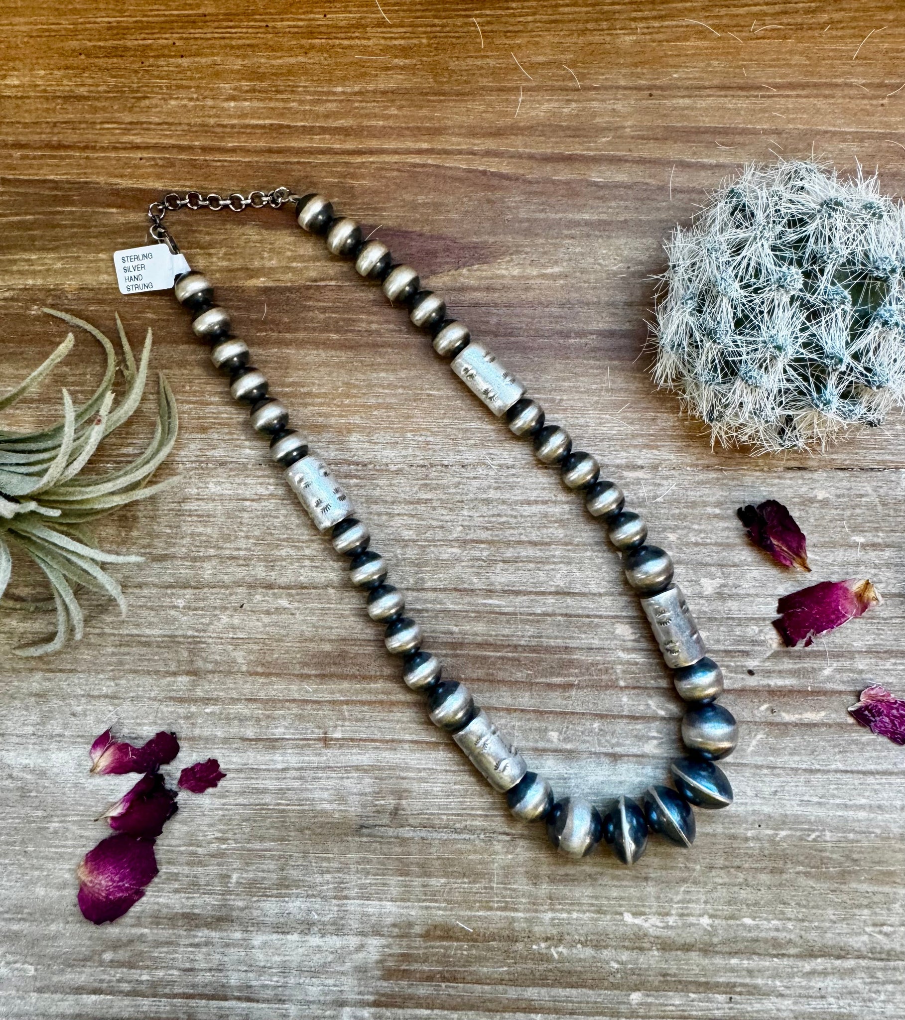 Sterling Silver "Navajo Style" Pearls + Barrel Style - 16"
