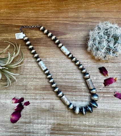 Sterling Silver "Navajo Style" Pearls + Barrel Style - 16"