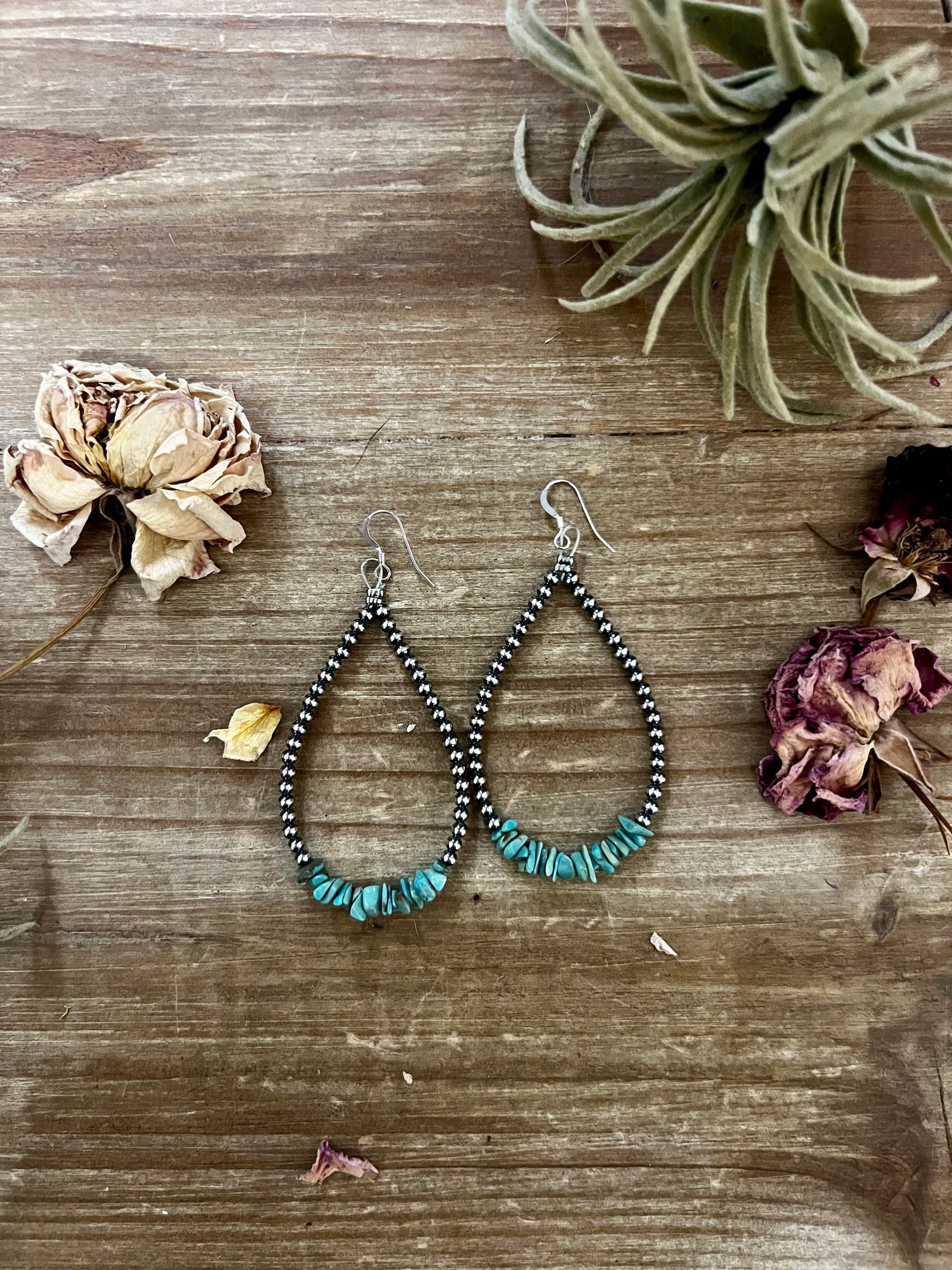 Turquoise Chips and 3mm Sterling Silver Pearls Teardrop Earrings
