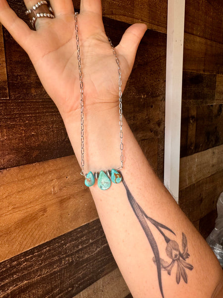 Turquoise & Pearl Paperclip Chain Necklace-14"