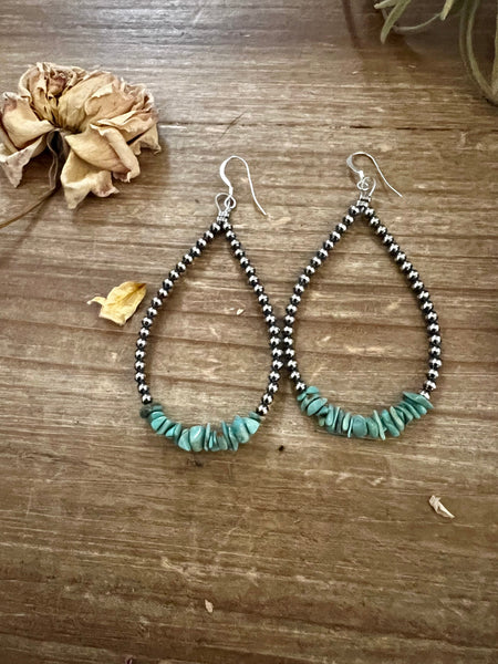 Turquoise Chips and 3mm Sterling Silver Pearls Teardrop Earrings