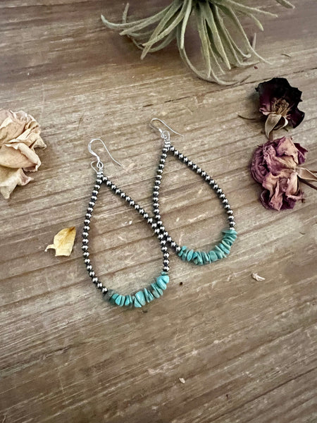 Turquoise Chips and 3mm Sterling Silver Pearls Teardrop Earrings