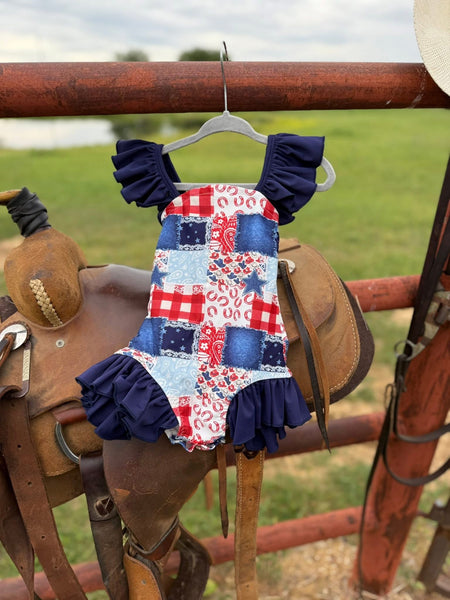 Girls Patriotic Cowgirl Patchwork Swimsuit