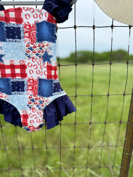Girls Patriotic Cowgirl Patchwork Swimsuit