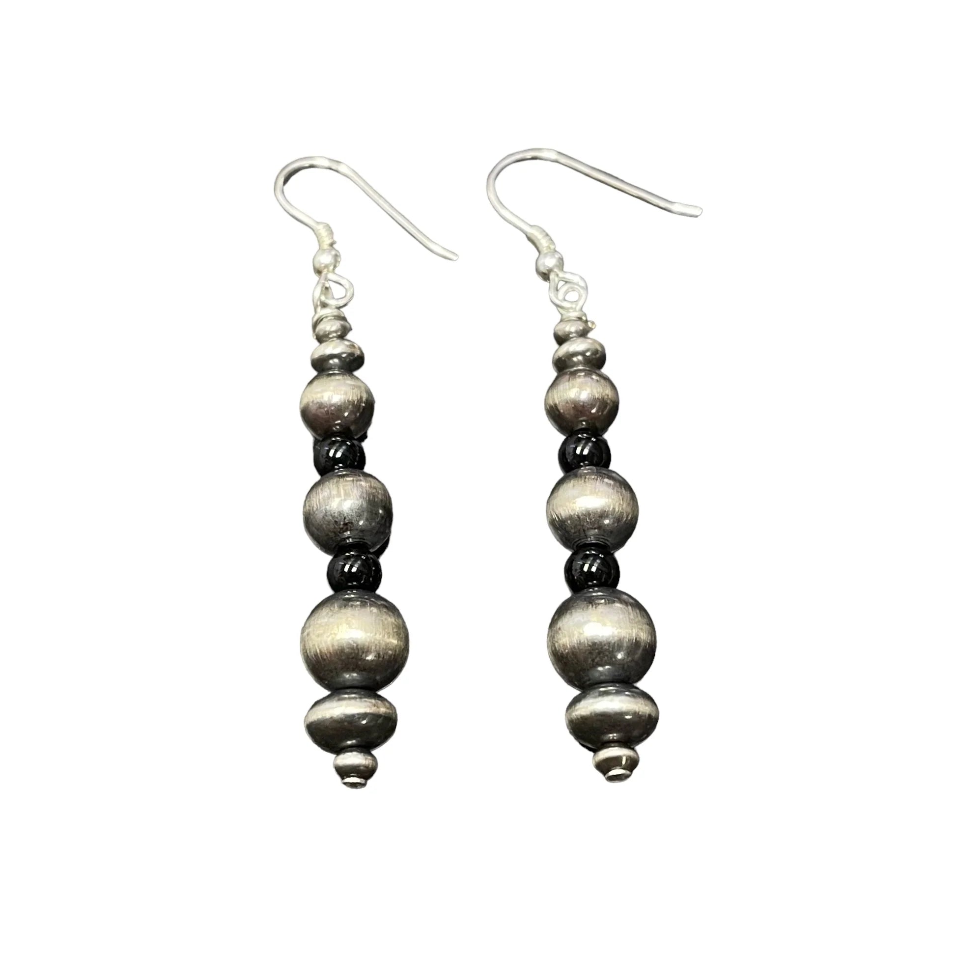 Onyx Navajo Pearl Bead Dangle Earrings Sterling Silver