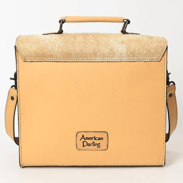 ADBGZ827 Cowhide & Hand-Tooled Leather Western Briefcase Bag - Natural Hair-On with Floral Accents