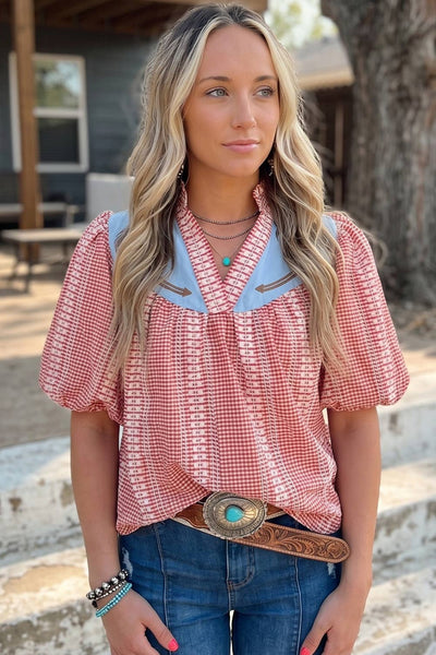 Western Pony Embroidered Yoke Puff Sleeve Gingham Blouse