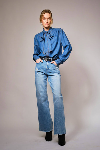 Tie Neck Chambray Blouse