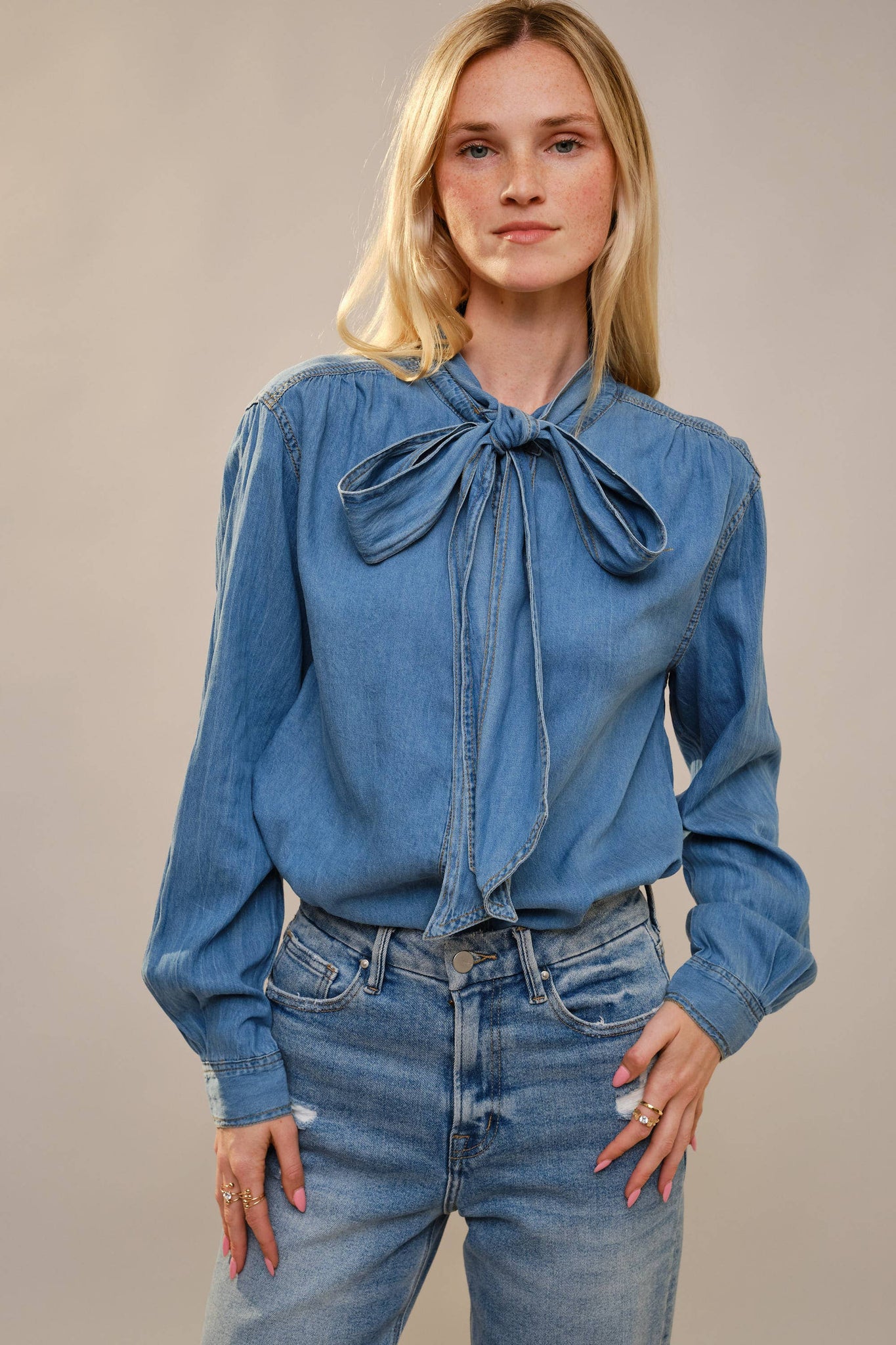 Tie Neck Chambray Blouse