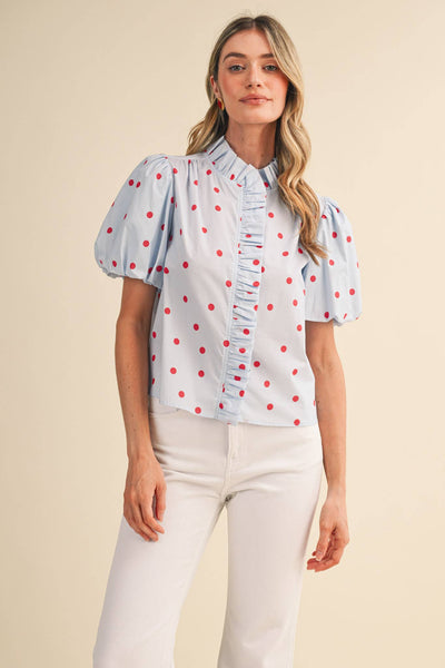 POLKA DOT RUFFLED BUTTON DOWN TOP MTP5101