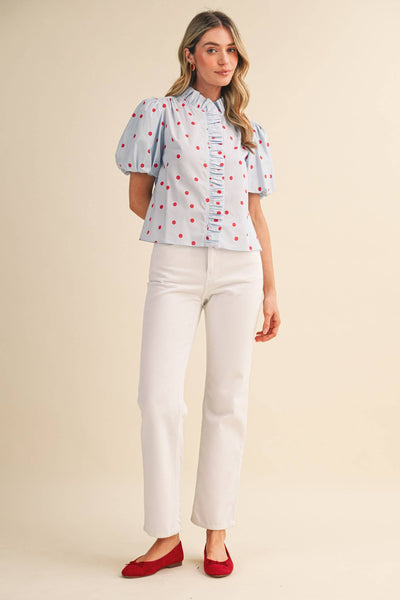 POLKA DOT RUFFLED BUTTON DOWN TOP MTP5101
