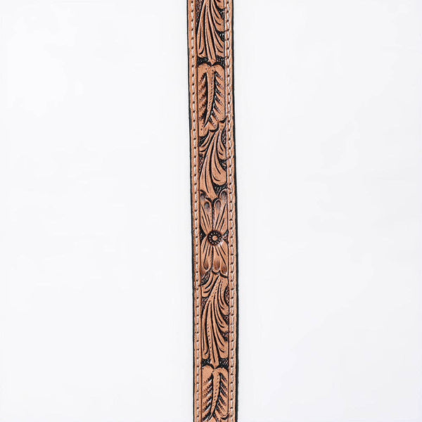 ADHTBR112 Natural Tooled Leather Western Hatband with Floral Design & Silver Buckle Set