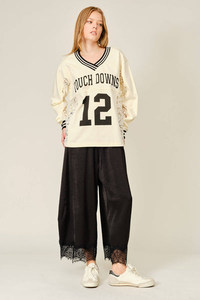 AJP6612 LACE TRIM SATIN DRAWSTRING BARREL PANTS