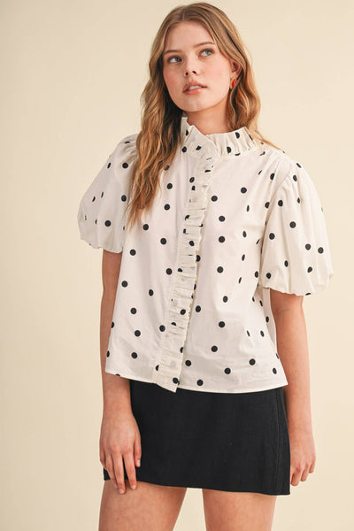 POLKA DOT RUFFLED BUTTON DOWN TOP MTP5101