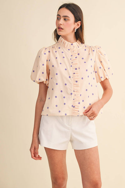 POLKA DOT RUFFLED BUTTON DOWN TOP MTP5101
