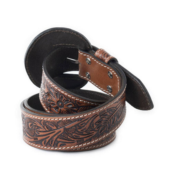 Tooled Leather Belt- Brown